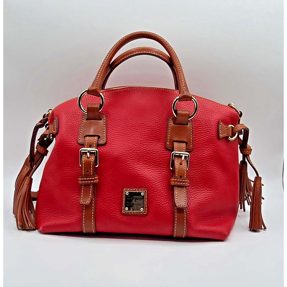 Dooney & Bourke Large Red Pebbled Leather Satchel Top Handle Bag W Brown Tassels